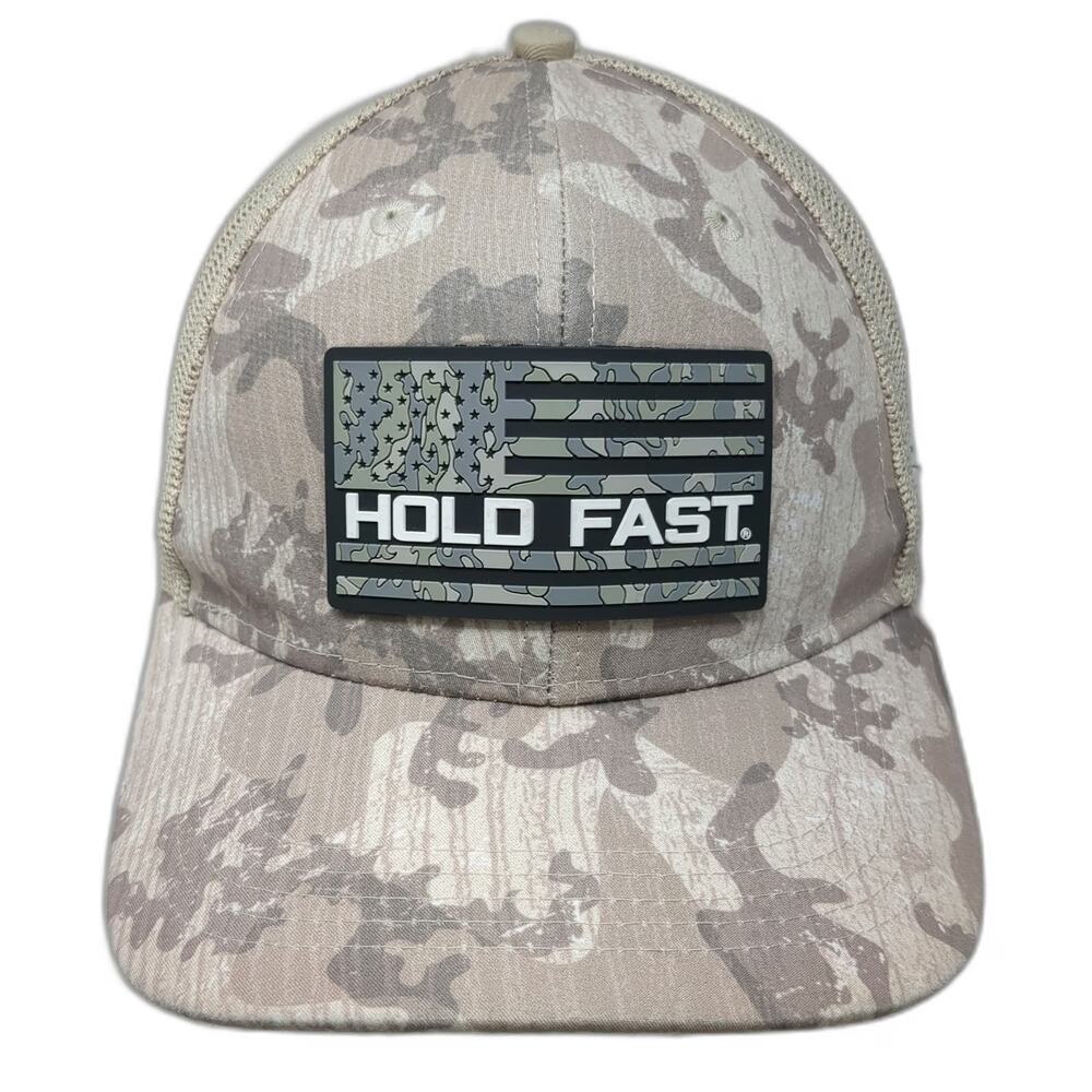 Hold Fast Trucker Hat Beige One Size Camo American Flag Patch Snapback Mesh